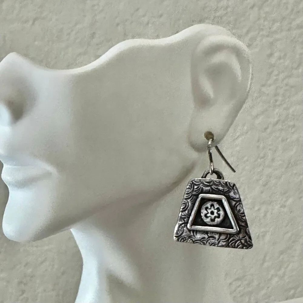 Artisan Sterling Silver Geometric Flower Dangle Earrings